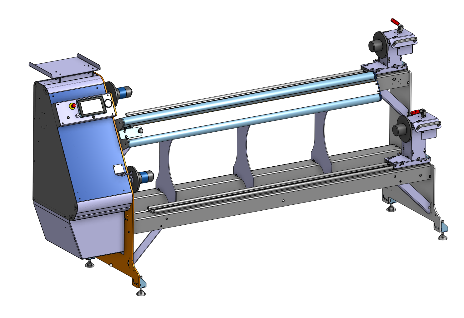 Vue CAO de la machine d'enroulement et de découpe UA1850 E, vue oblique depuis la gauche : boîtier de commande avec écran tactile, deux longs rouleaux, support de rouleaux à droite