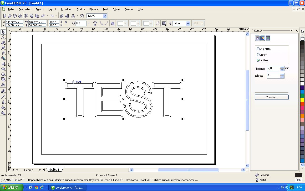 CorelDraw X3 in Umrissansicht: Schriftzug TEST mit ausgewählter erweiterter Kontur, Konturfenster auf Außen mit 2,0 mm Abstand