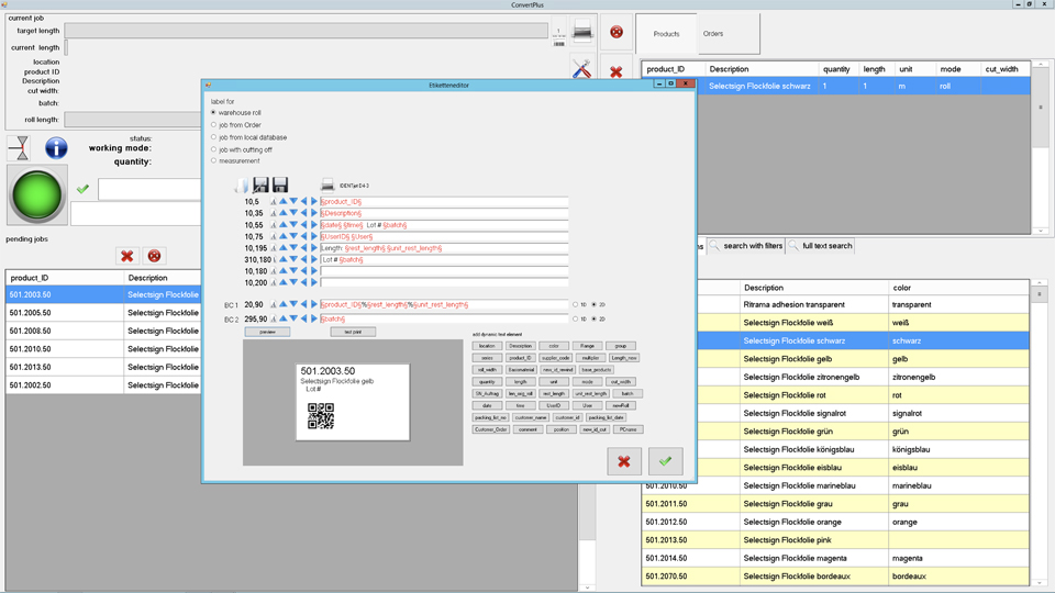Etiketteneditor in ConvertPlus2: Textzeilen mit Platzhaltern wie Produkt-ID und Charge, Vorschau eines Labels mit Artikelnummer und QR-Code