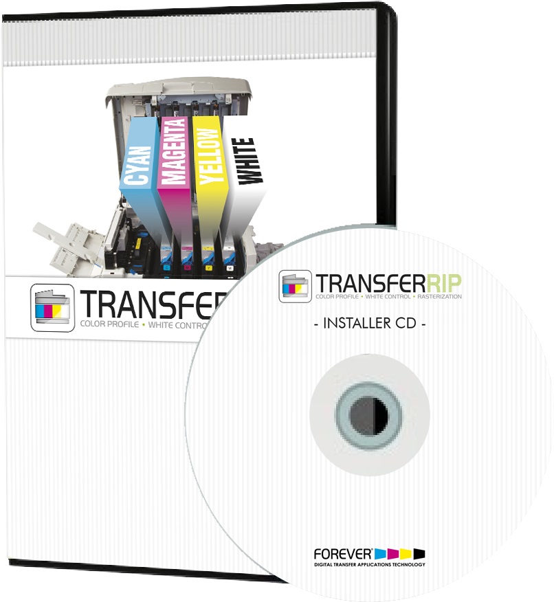 Softwarepaket FOREVER TransferRIP mit Installations-CD, Hülle zeigt geöffneten Drucker mit Tonern Cyan, Magenta, Yellow und White