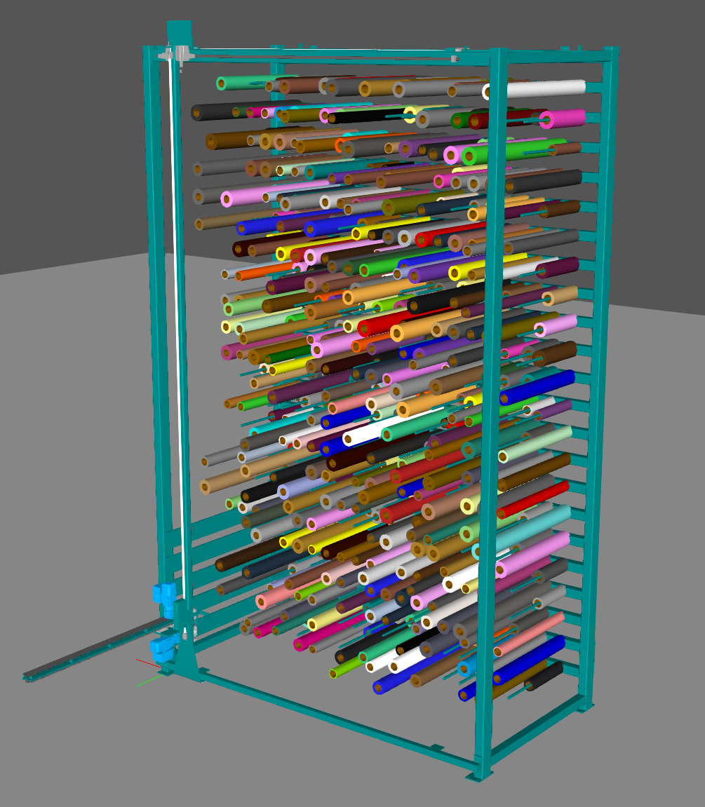 Maquette 3D du système de stockage NEPATA : rayonnage en acier muni de tiges horizontales remplies de Rouleaux de films vinyle colorés ; à gauche, le robot vertical équipé de moteurs