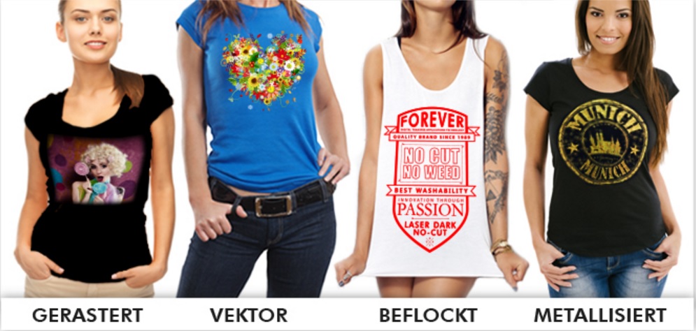 Vier Shirts mit OKI-Transfers: gerastertes Fotomotiv, Vektor-Blumenherz, rotes Flockmotiv auf weißem Top, goldenes Munich-Logo metallisiert
