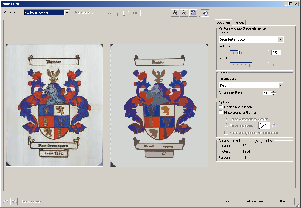 CorelDraw PowerTRACE: Familienwappen vorher und nachher – in der Vektorisierung gehen Details verloren, Schrift auf den Bannern ist unleserlich