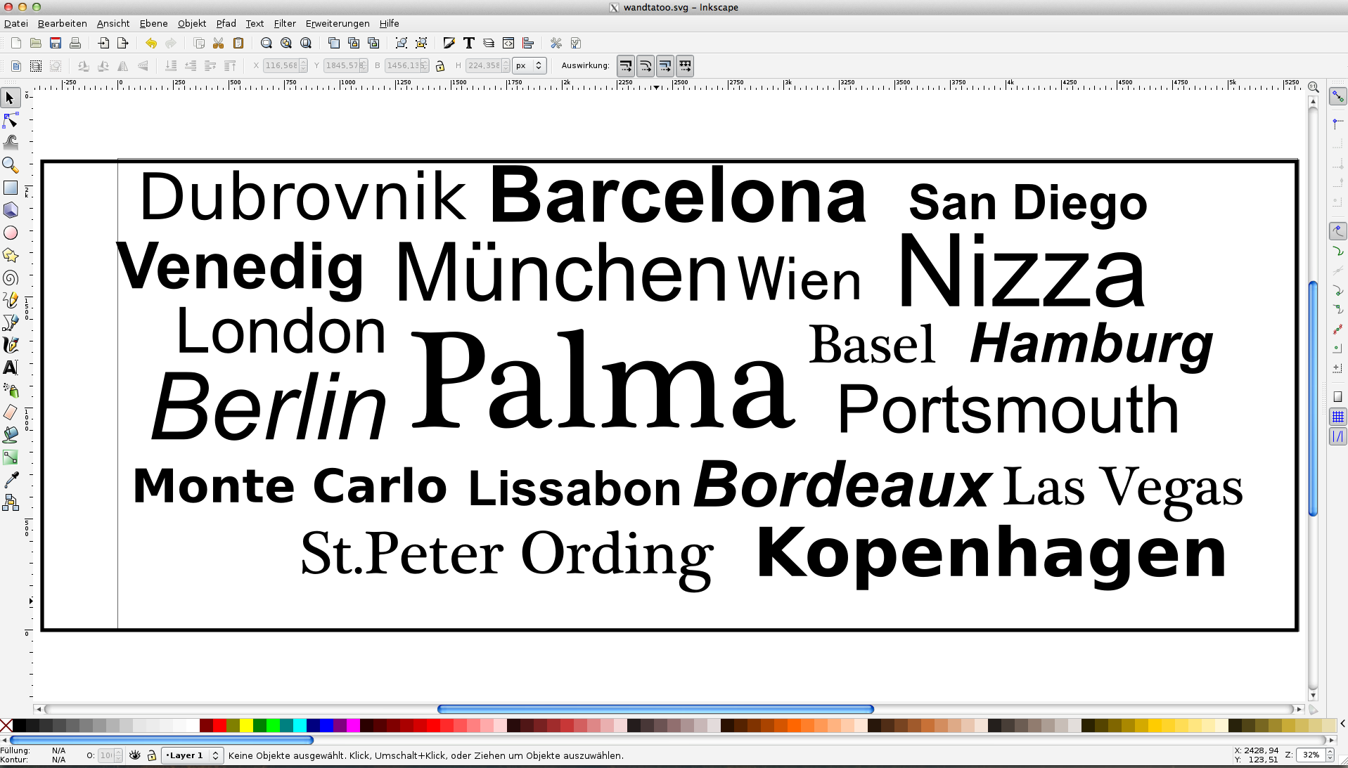 Inkscape mit Wandtattoo-Motiv aus Städtenamen wie Barcelona, Palma, Berlin und Kopenhagen in verschiedenen Schriftarten und -größen