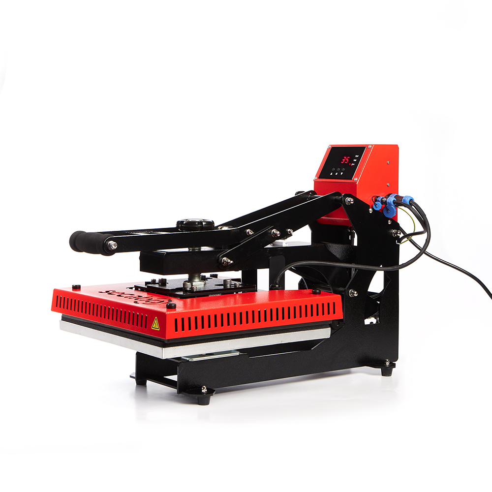 Secabo TC5 Lite Transferpresse mit rot-schwarzem Gehäuse, Heizplatte, Hebelgriff und digitalem Controller zum Bedrucken von Stoffbeuteln