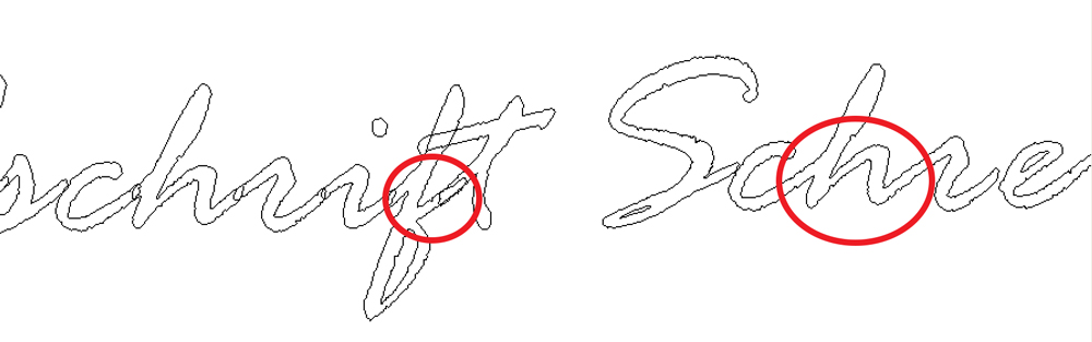 Schreibschrift in CorelDraw-Umrissansicht: links überlappende Buchstabenkonturen, rechts verschmolzene Schrift, Verbindungsstellen rot markiert