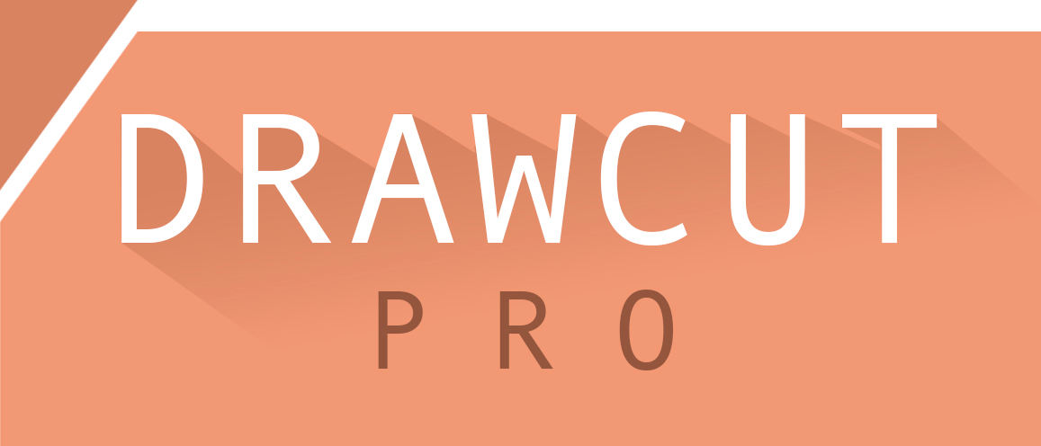 Logo der Schneidesoftware DrawCut PRO: weißer Schriftzug DRAWCUT mit langem Schatten, darunter PRO in Braun auf lachsfarbenem Hintergrund