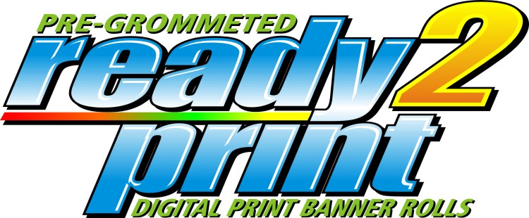 Logo ready2print in Blau und Gelb mit dem Zusatz Pre-Grommeted Digital Print Banner Rolls für vorgeöstes Bannermaterial zum Digitaldruck