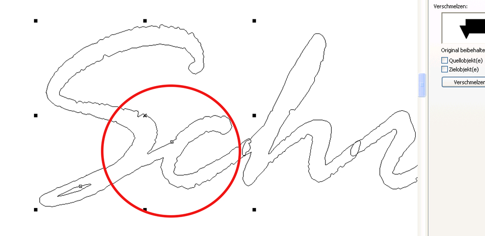 Schreibschrift im CorelDraw-Umriss-Modus: roter Kreis zeigt S und c ohne Überschneidung verschmolzen, rechts Andockfenster Verschmelzen