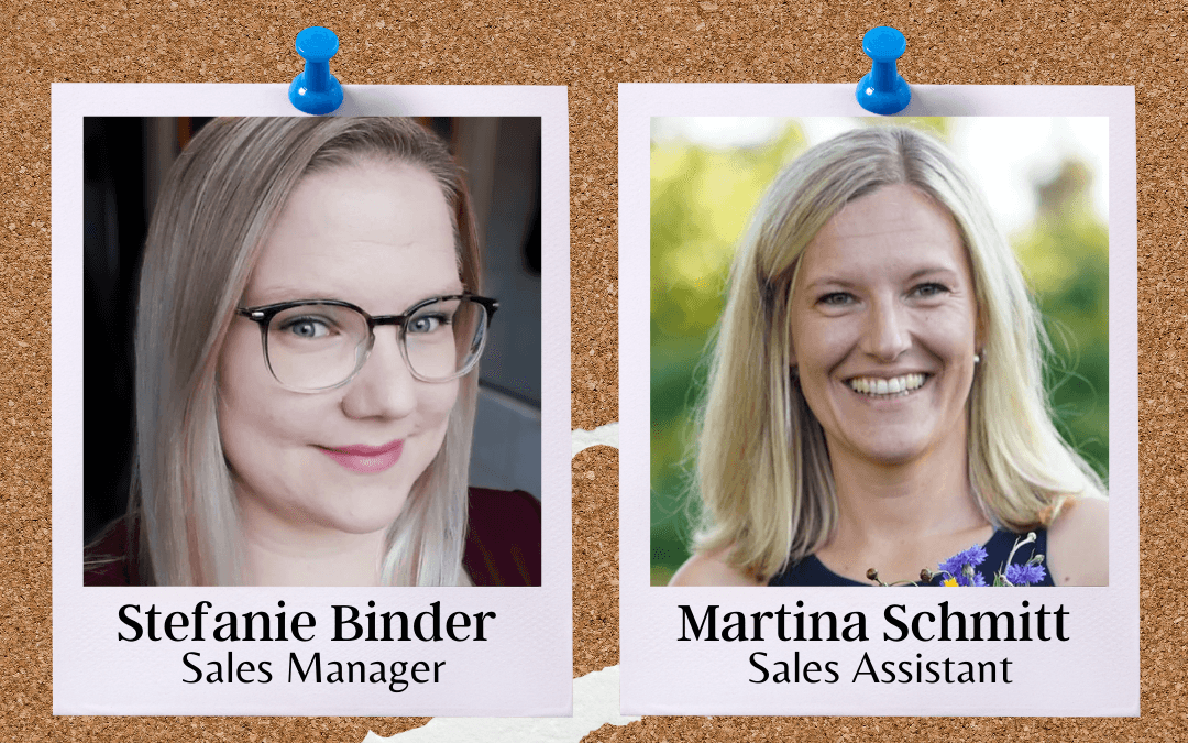 Instant photos of staff members Stefanie Binder, Sales Manager, and Martina Schmitt, Sales Assistant, displayed on a noticeboard