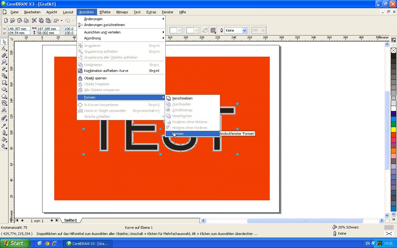 CorelDraw X3: Menü Anordnen > Formen > Formen öffnet Andockfenster, dahinter Schriftzug TEST mit hellgrauer Kontur auf rotem Hintergrund