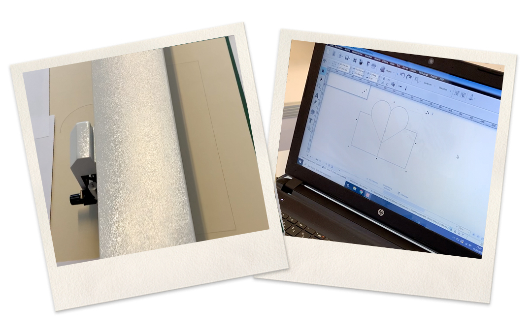 Zwei Polaroids: Schneidekopf des Secabo FC100 über Karton und Laptop mit DrawCut PRO, darin der Entwurf einer Pop-up-Karte mit Herz