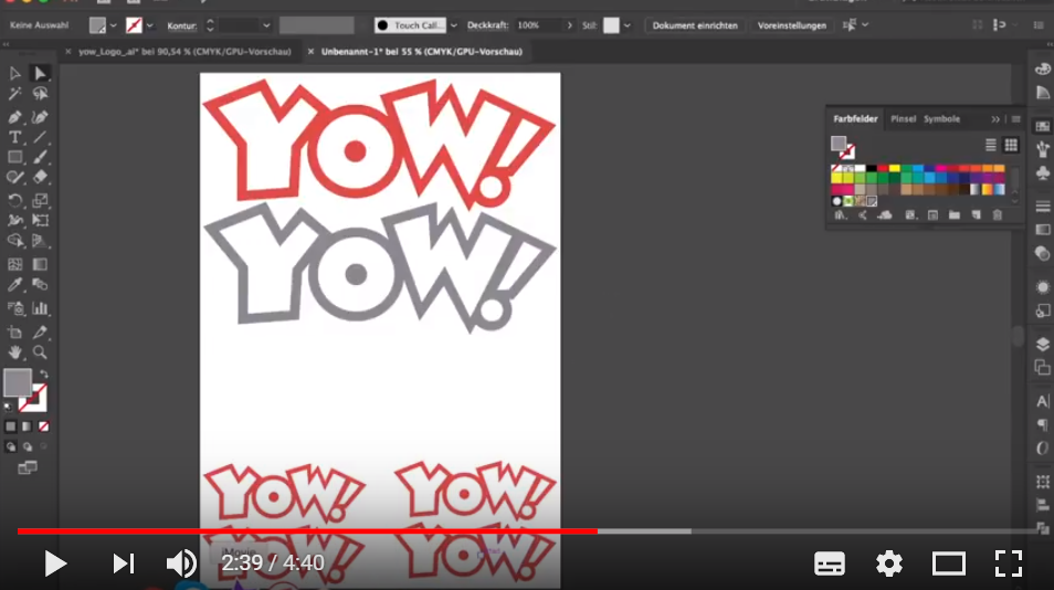 Videostandbild: YOW! Logos in Rot und Grau werden in Adobe Illustrator auf einem Druckbogen für den Textiltransfer angeordnet