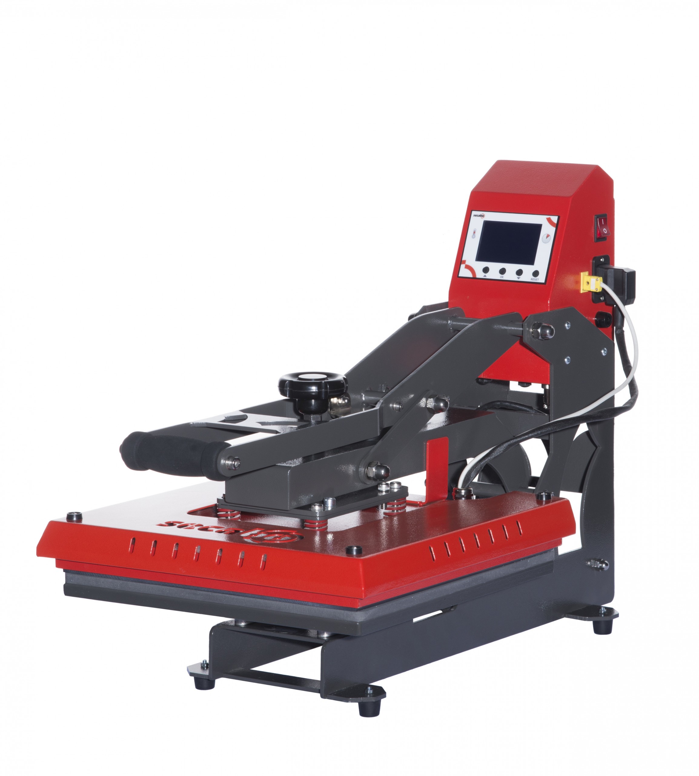 Rote Secabo Transferpresse TC5/TC7 mit grauem Gestell, Heizplatte, Druckregler und aufgesetzter Steuereinheit mit Display, modular aufgebaut