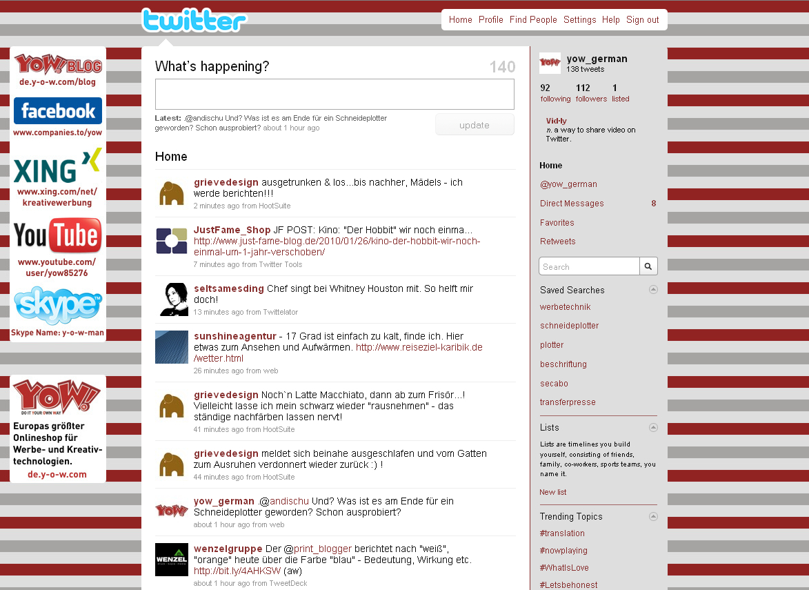 Twitter-Startseite von yow_german mit 138 Tweets und 112 Followern, links Hinweise auf YOW!-Blog, Facebook, XING, YouTube und Skype