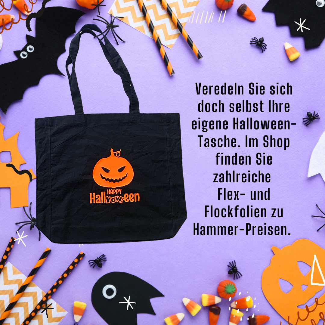 Schwarze Stofftasche mit orangem Kürbis-Folienaufdruck und Happy HallYOWeen auf lila Halloween-Deko, daneben Hinweis auf Flex- und Flockfolien