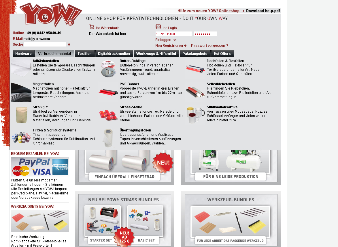 Screenshot des neuen YOW! 2.0 Onlineshops mit geöffnetem Menü Verbrauchsmaterial, u. a. Flockfolien, Button-Rohlinge und Sublimationsartikel