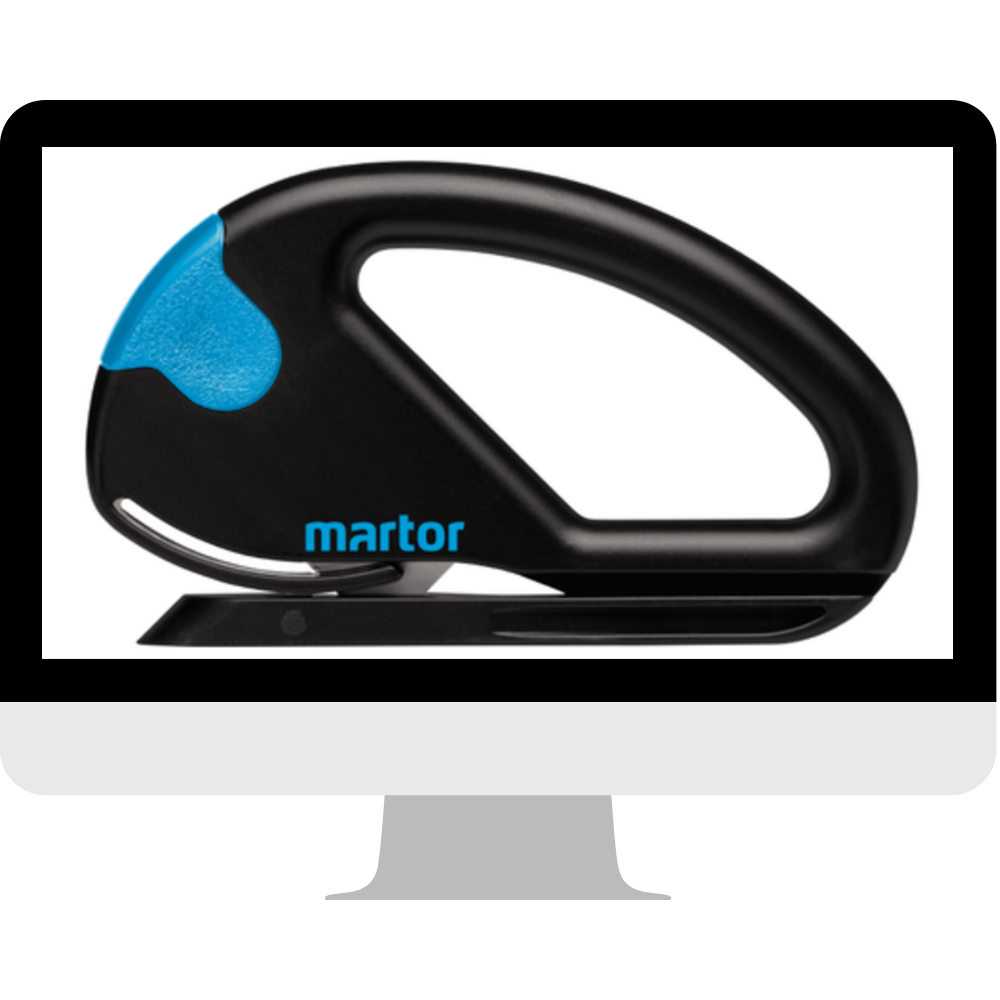 Schwarzer Martor-Folienschneider mit blauer Taste und verdeckter Klinge auf einer Monitor-Grafik, Beispiel aus der Kategorie Cutter