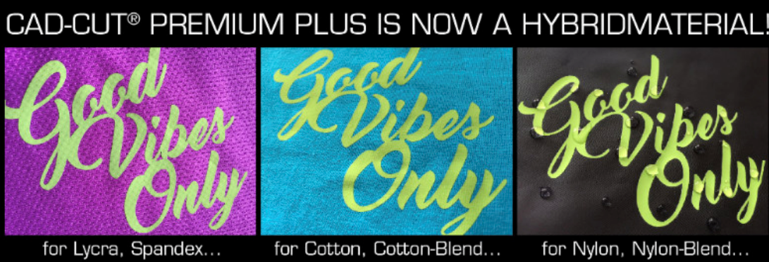 Hybridfolie Premium Plus: neongelber Schriftzug Good Vibes Only auf lila Lycra, türkiser Baumwolle und schwarzem Nylon mit Wassertropfen