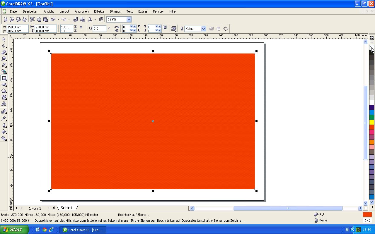 CorelDRAW X3 mit rot gefülltem Rechteck, 270 × 180 mm; Mauszeiger auf dem durchgestrichenen Farbfeld, Kontur steht auf Keine