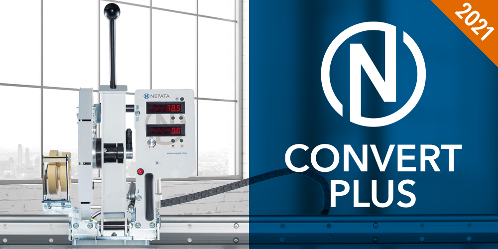 Máquina NEPATA con pantallas digitales y rollos de material; a la derecha, el logotipo y el letrero «Convert Plus» en azul; banner en la esquina: 2021