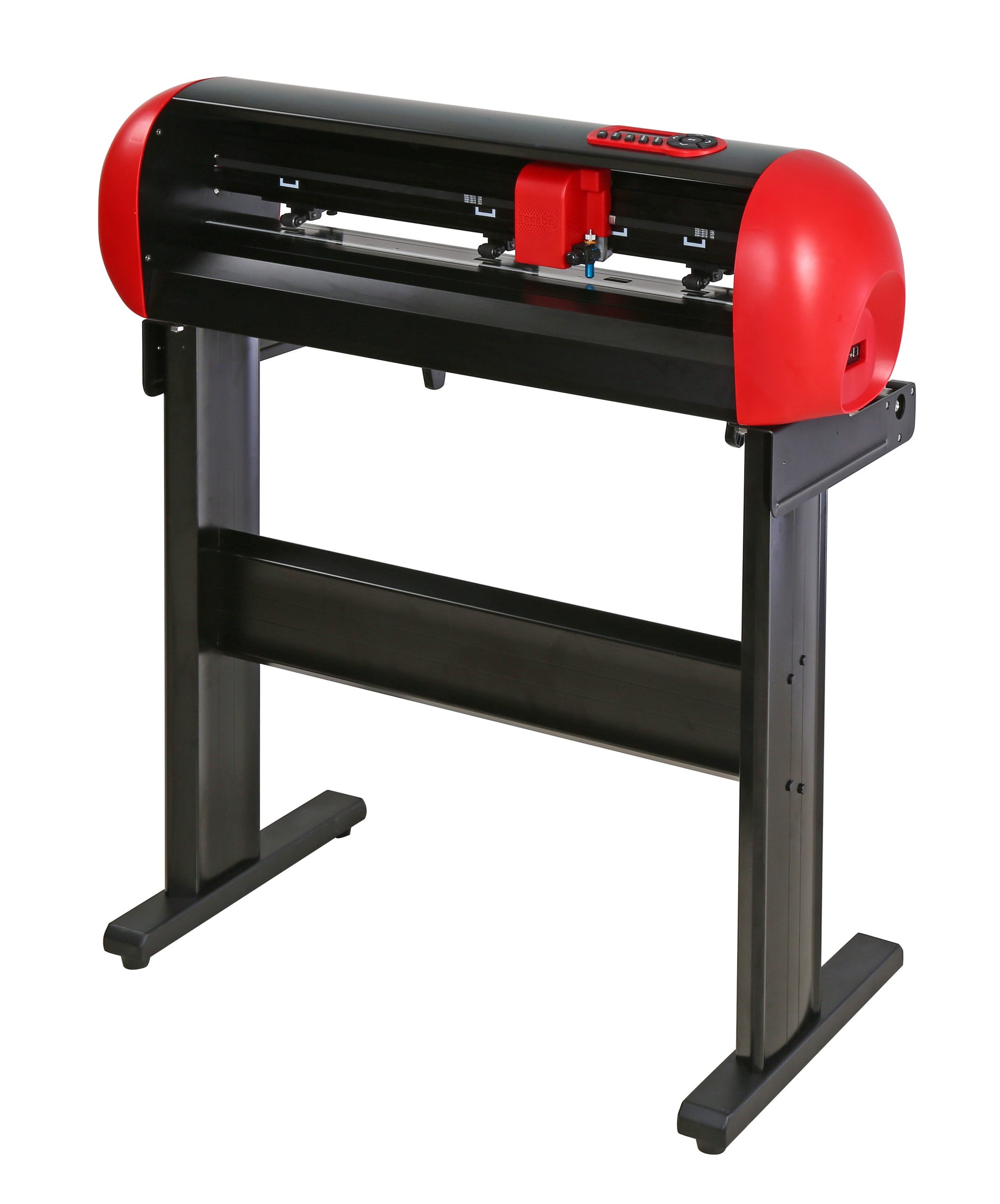 Schneideplotter Secabo C60 V in Schwarz-Rot auf Standfuß, mit rotem Schneidkopf, Andruckrollen und Bedienfeld