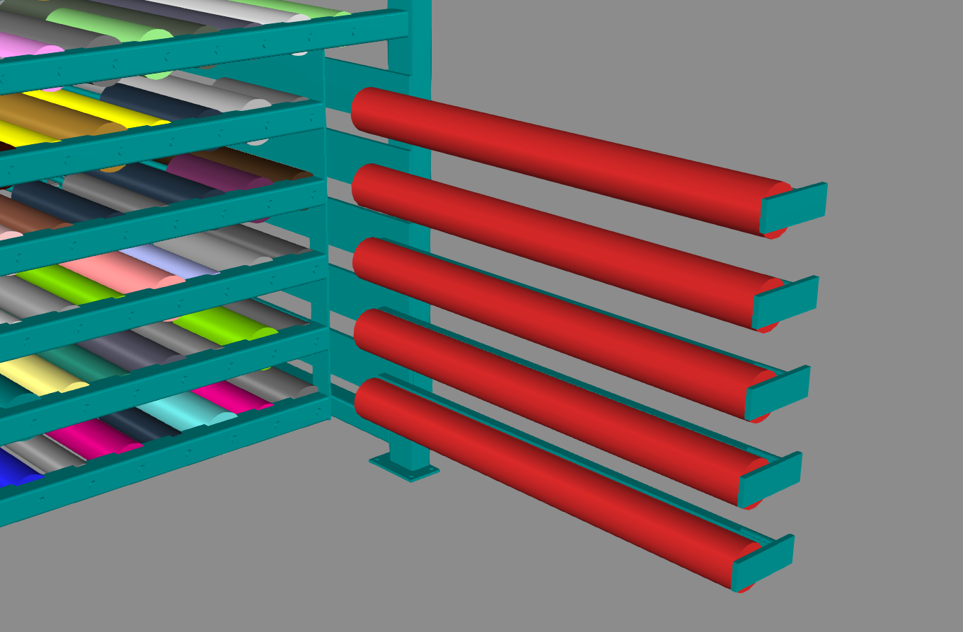 3D-Grafik: Übergabestation mit fünf roten Rollen auf Auslegern neben dem Stahlregal mit bunten, kompakt gelagerten Rollenmedien