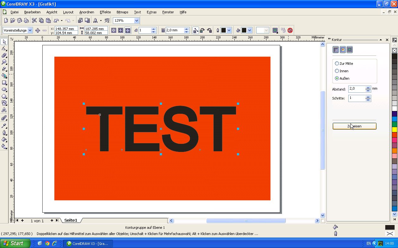 CorelDraw X3: Text TEST auf rotem Hintergrund, Kontur-Fenster mit Außen, Abstand 2,0 mm, 1 Schritt, Mauszeiger auf Zuweisen