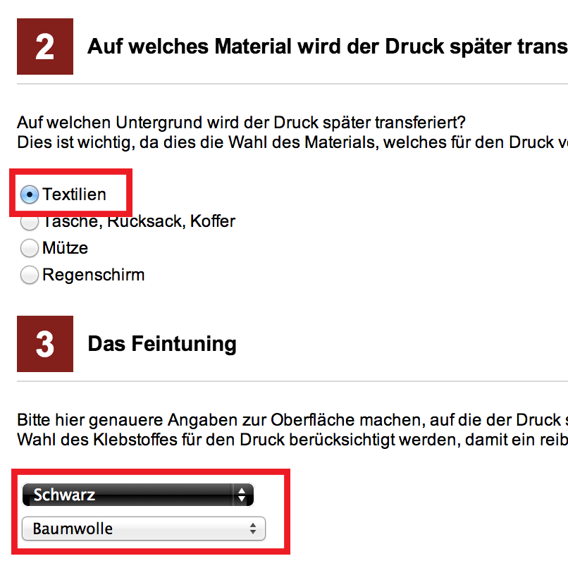 Bestellformular im YOW! Shop: Textilien als Untergrund gewählt, im Feintuning Farbe Schwarz und Material Baumwolle eingestellt, rot markiert