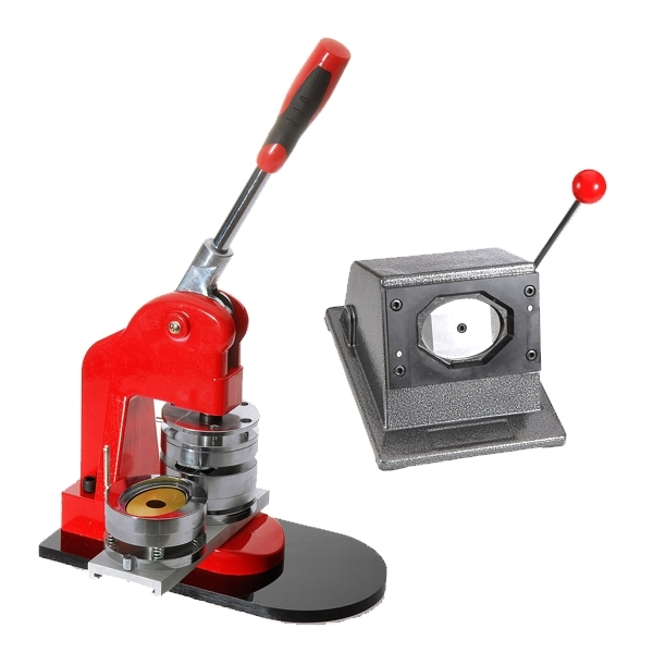 Rote Buttonmaschine mit Hebel und runden Presswerkzeugen neben einer grauen Stanze mit rotem Hebel zum Ausstanzen der Motivvorlagen