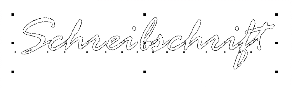 Wort Schreibschrift in CorelDraw-Umrissansicht: nur Konturlinien, überlappende Buchstabenverbindungen noch nicht verschmolzen, Objekt markiert