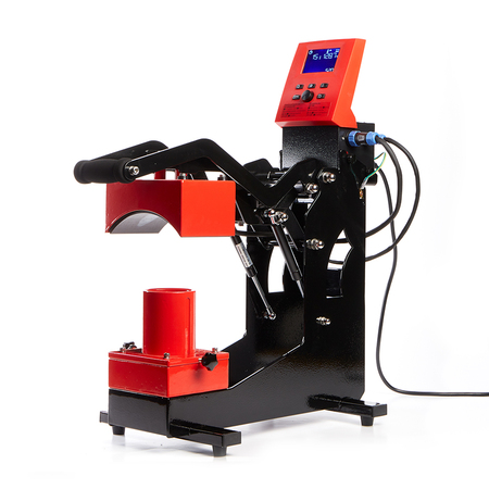 Secabo TCB Smart Ballpresse: schwarzes Gestell, rotes Bedienfeld mit Display, gewölbte Heizplatte am Hebelarm und rote Ballaufnahme darunter