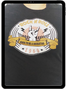 Fertiger White-Toner-Transfer auf schwarzem T-Shirt: Rock-N-Roll-Motiv mit Rock-Hand, Schriftband Born to be a Rockstar und 1969
