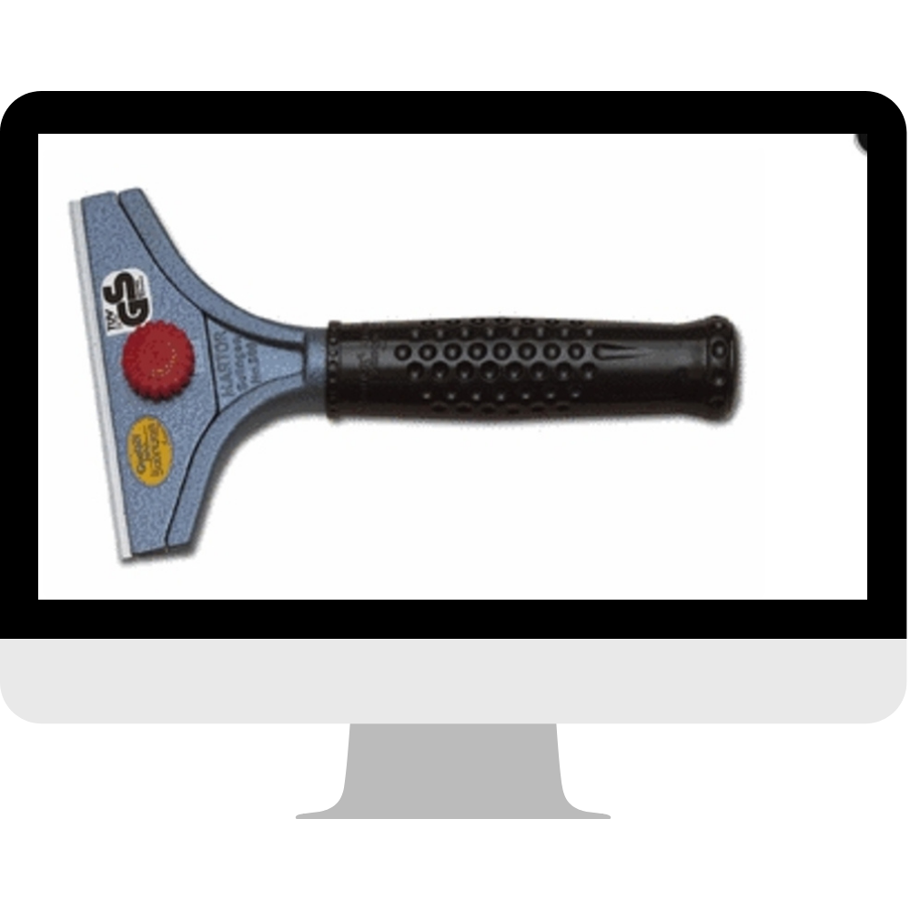 Profi-Schaber mit breiter Klinge, blauem Metallkopf, roter Feststellschraube und schwarzem Noppengriff auf einem Computerbildschirm