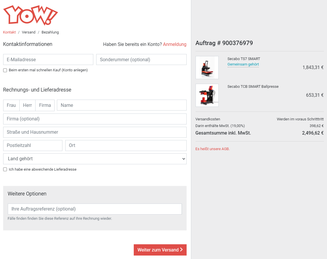 YOW!-Kasse, Schritt Kontakt: Formular für E-Mail und Rechnungsadresse, rechts Warenkorb mit zwei Secabo-Pressen, unten Button Weiter zum Versand