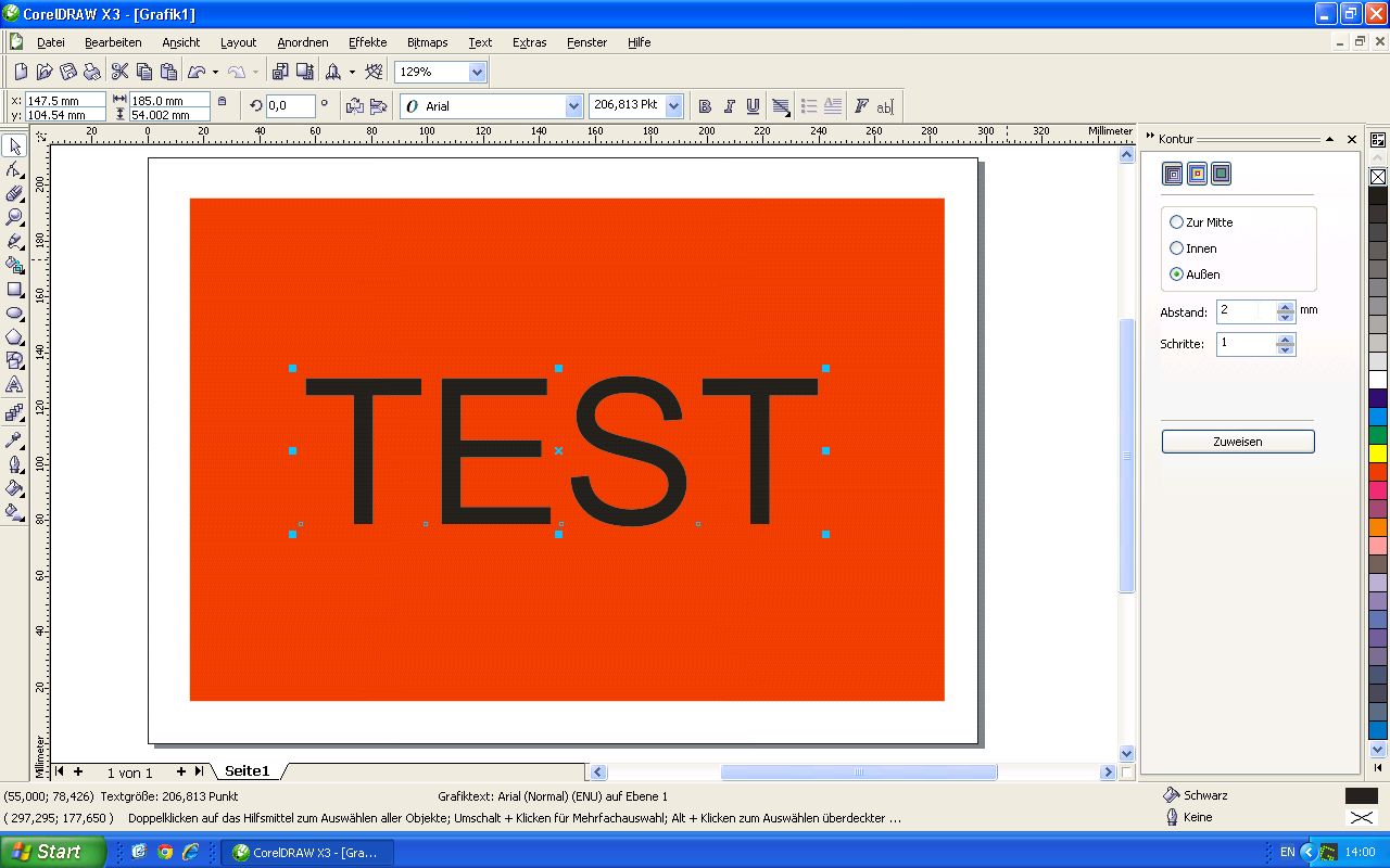 CorelDraw X3: markierter Text TEST auf rotem Rechteck, rechts Kontur-Andockfenster mit Außen, Abstand 2 mm, 1 Schritt und Button Zuweisen