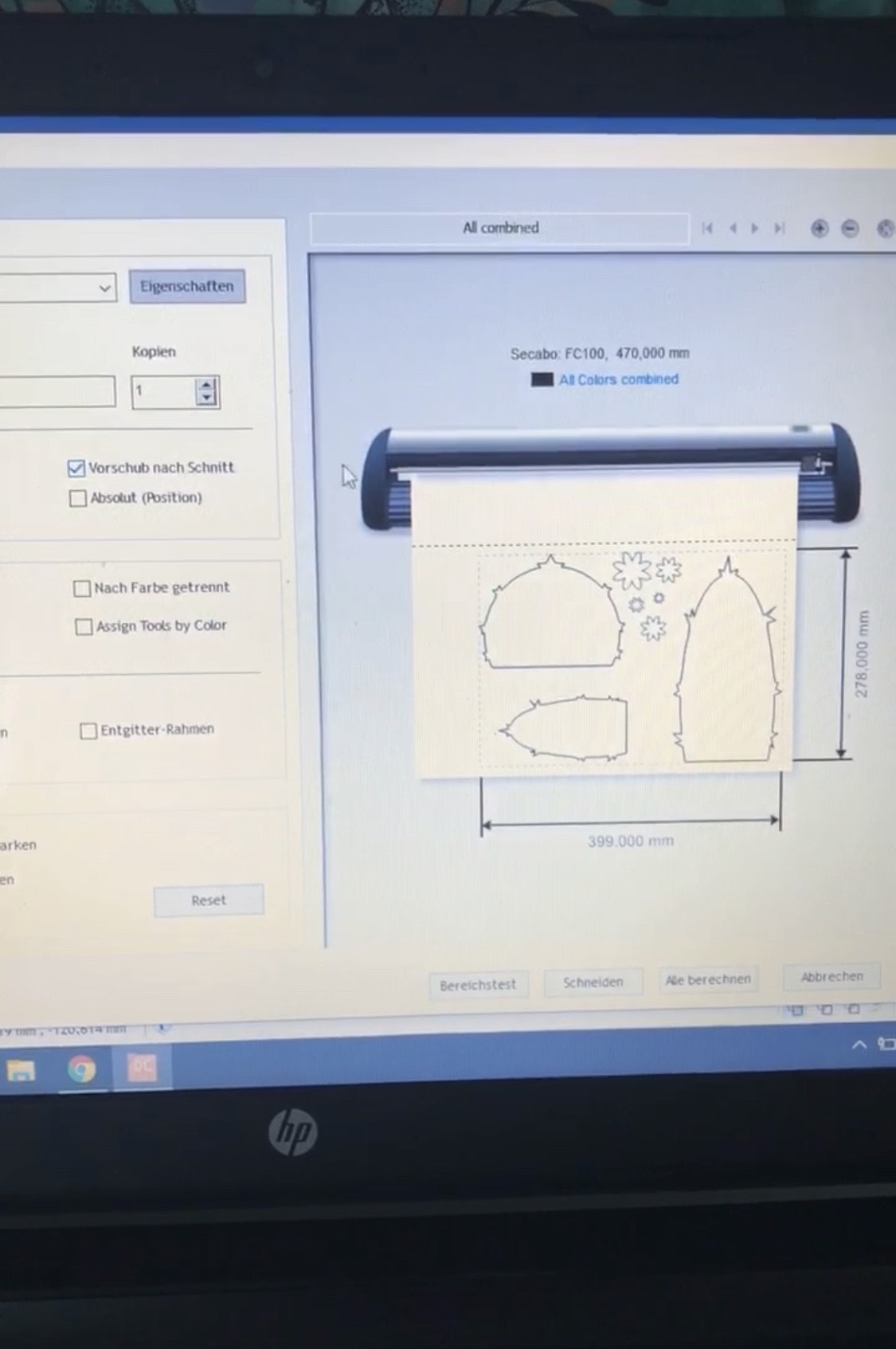 Schneidedialog der Plottersoftware für den Secabo FC100 mit Kaktusteilen und Blümchen in einer Datei, Schneidbereich 399 x 278 mm