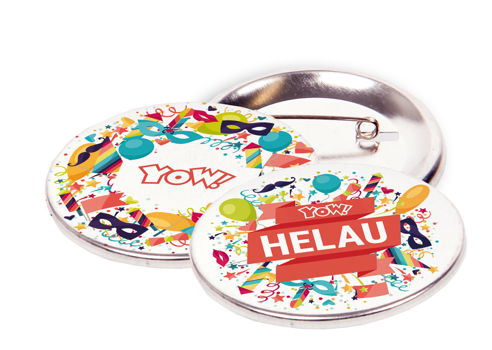Zwei runde Faschingsbuttons mit YOW-Logo, Masken und Luftballons, einer mit HELAU-Schriftband, dahinter ein Button mit Sicherheitsnadel